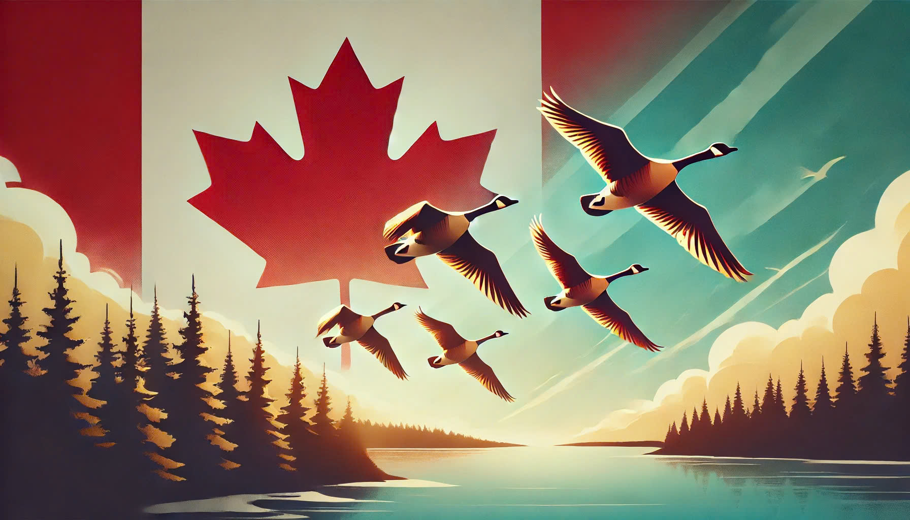 Canadian geese flying over a lake with Canadian flag backdrop