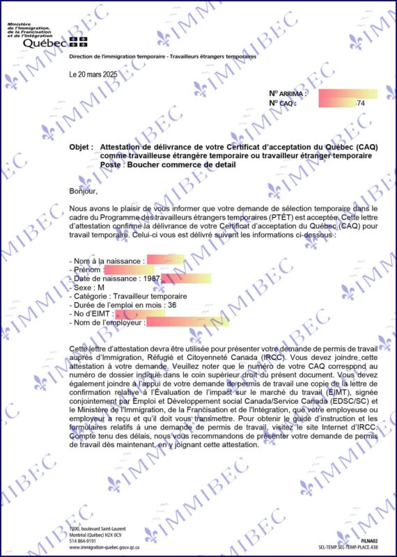Mẫu Chứng chỉ Chấp nhận Quebec (CAQ) - một trong những điều kiện tiên quyết để xin Work Permit nếu bạn làm việc tại tỉnh bang Quebec